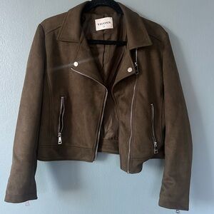 Vigoss Green Leather Moto Jacket with Asymmetrical Zipper